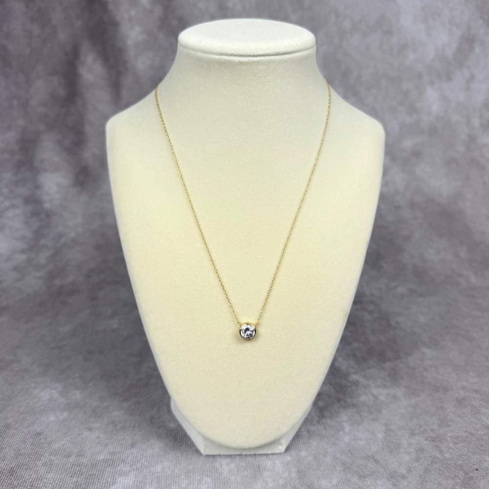 Glam 14K Gold over SS Bezel Set Round Solitaire Pendant Necklace Quiet Lux 18"